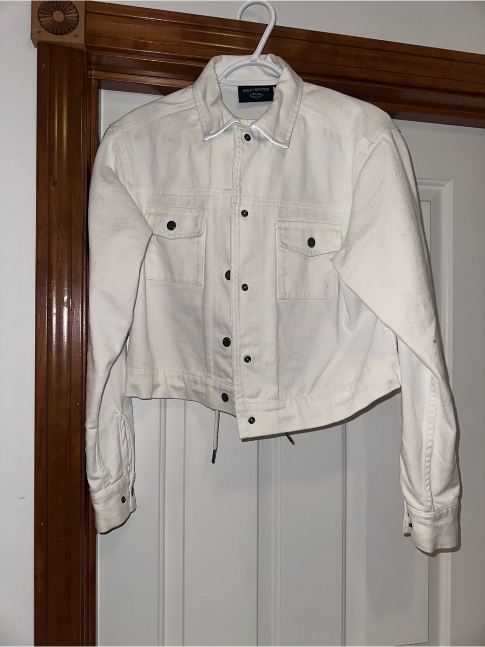 Harley-Davidson White Cropped Denim Jacket with Snap Buttons
